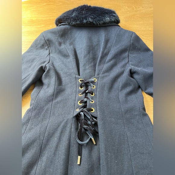 Laundry by Shelli Segal, Faux Fur Collar Lace-Up Back Coat, Navy blue color - Picture 10 of 13